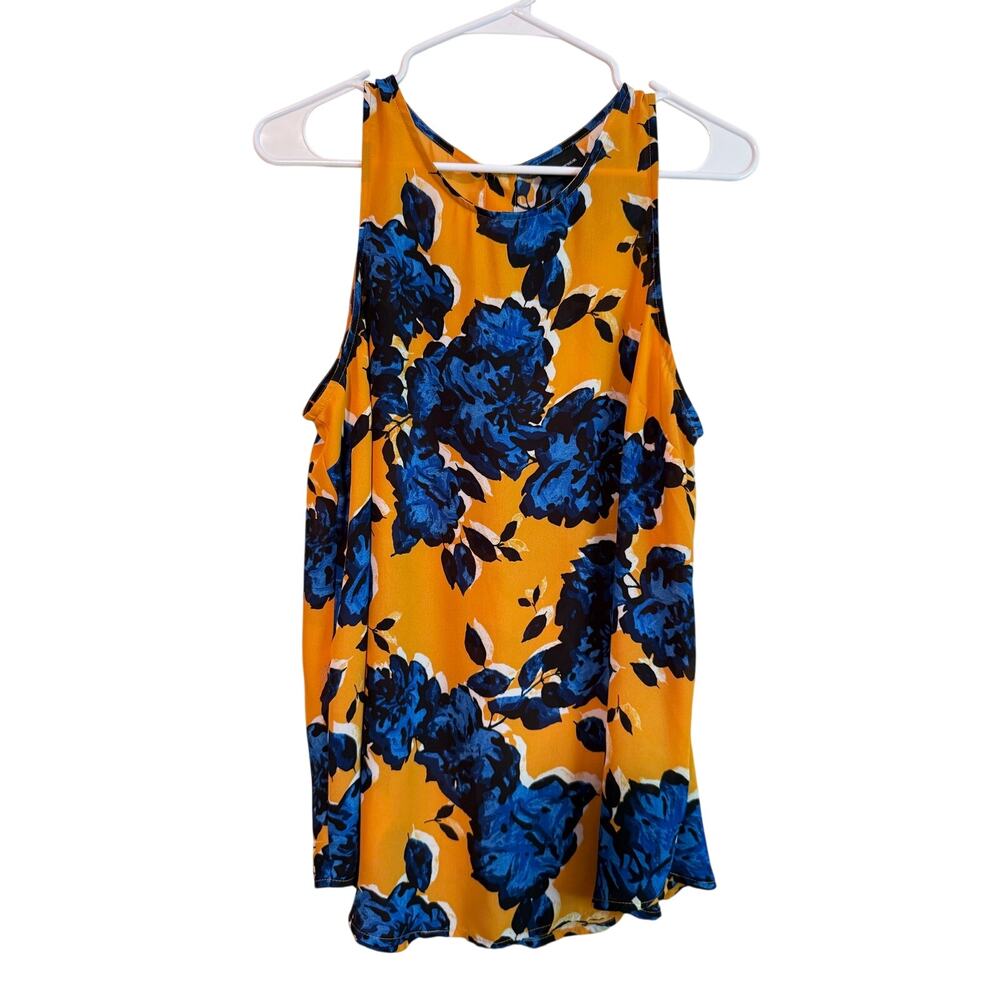 Who What Wear Yellow and Blue Floral Flowy Tank Top Blouse Large Button Back